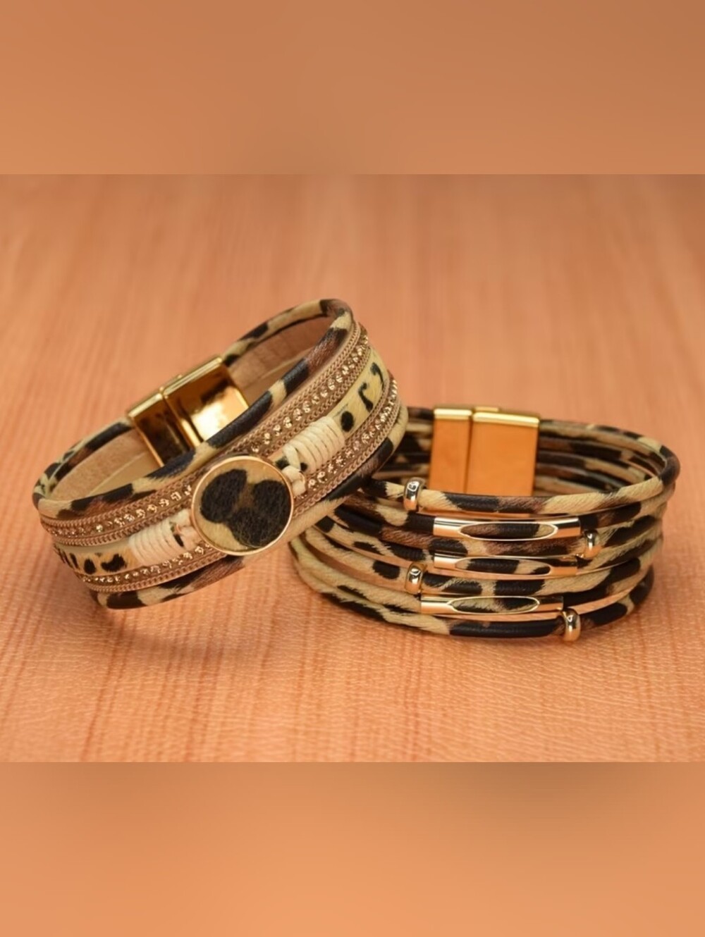 2 PCS Gold Plated Leopard Wrist Bands Faux Leather Leopard Stacked Bangles